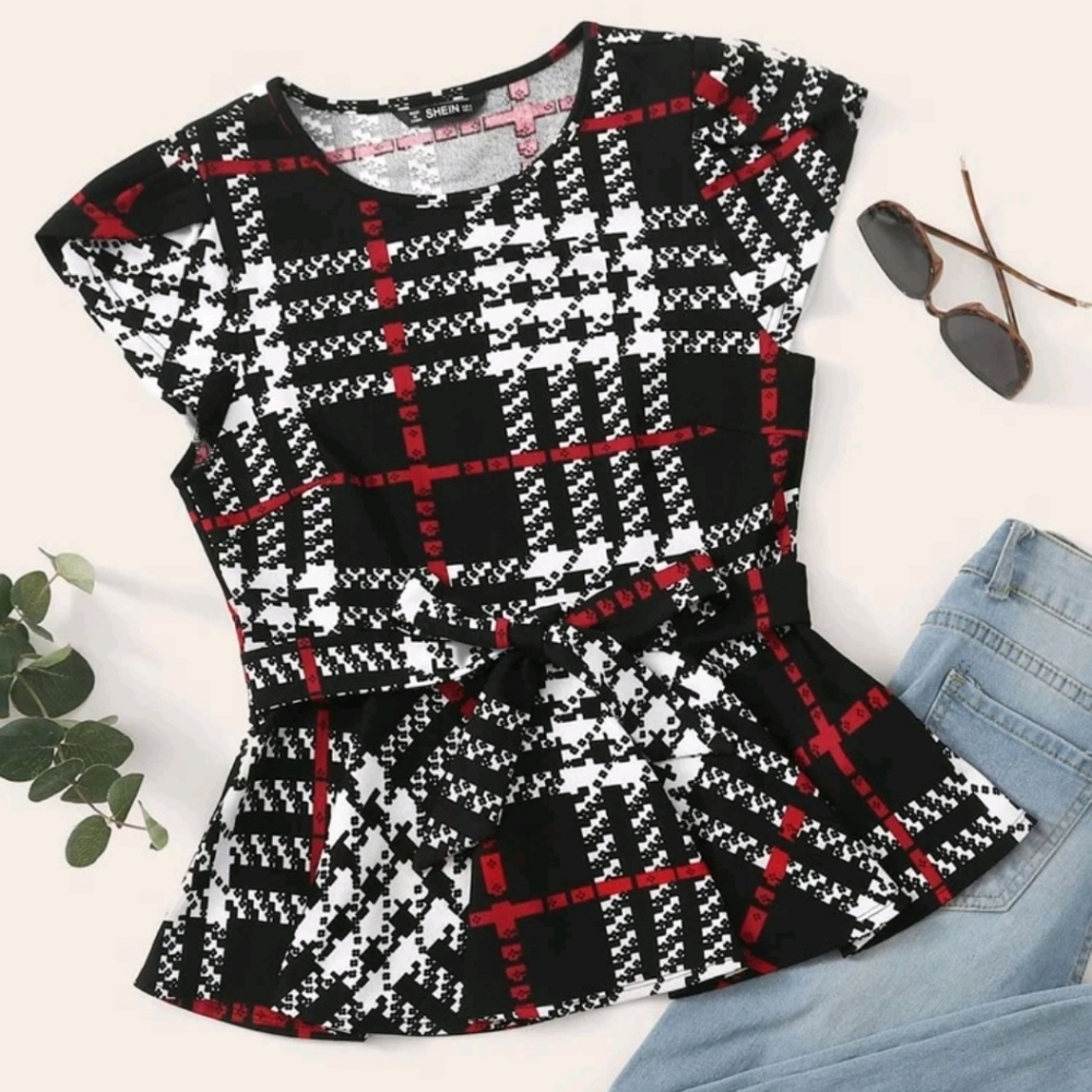 Women Plaid Tie waist Peplum Top